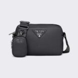 Prada Women Leather Shoulder Bag with Metal Lettering Logo-Black
