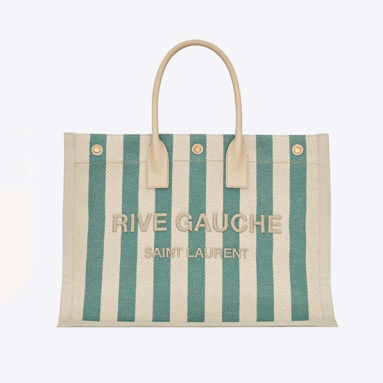 Saint Laurent YSL Women Rive Gauche Tote Bag in Striped Canvas and Smooth Leather