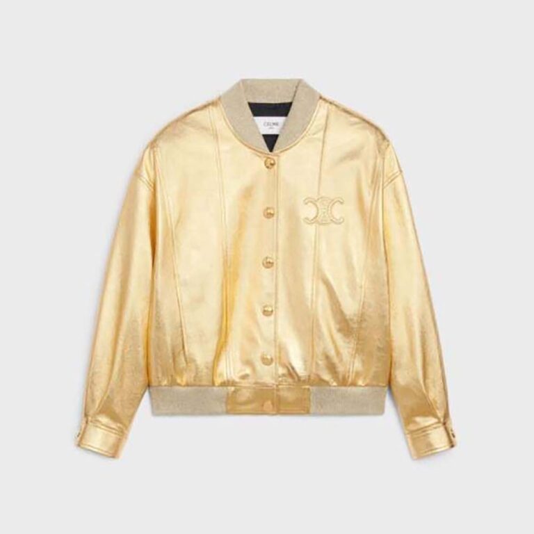 Celine Men Metallic Lambskin Jacket with Triomphe Ball-Gold