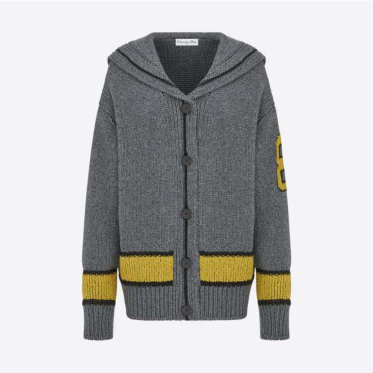 Dior Women Cardigan with Sailor Collar Gray and Yellow Wool and Cashmere with Signature on the Back