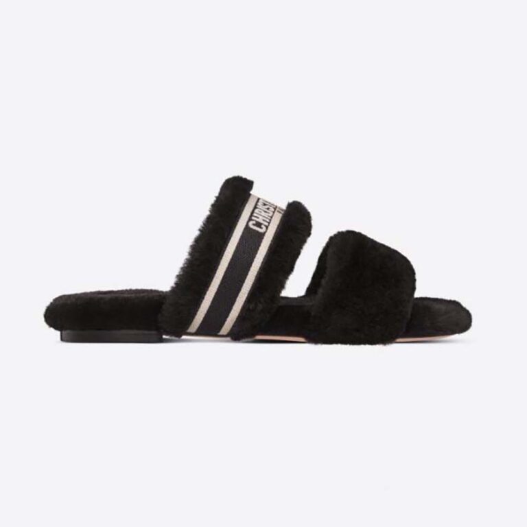 Dior Women Chez Moi Slide White Embroidered Cotton and Black Shearling
