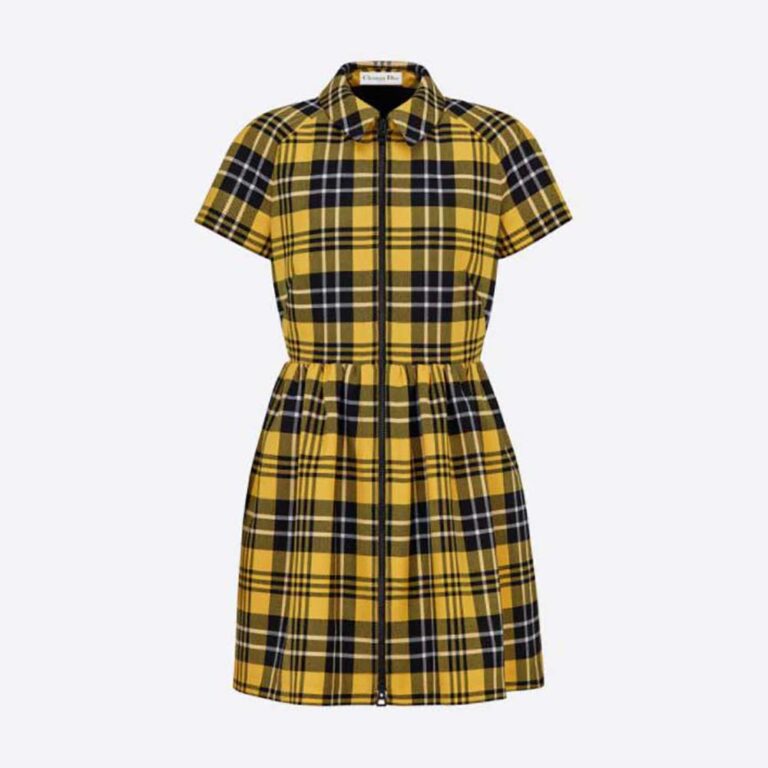 Dior Women Zipped Dress Yellow and Black Check n Dior Wool Twill