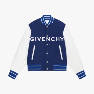 Givenchy Men Bomber Jacket in Wool and GIVENCHY Leather - White/Blue
