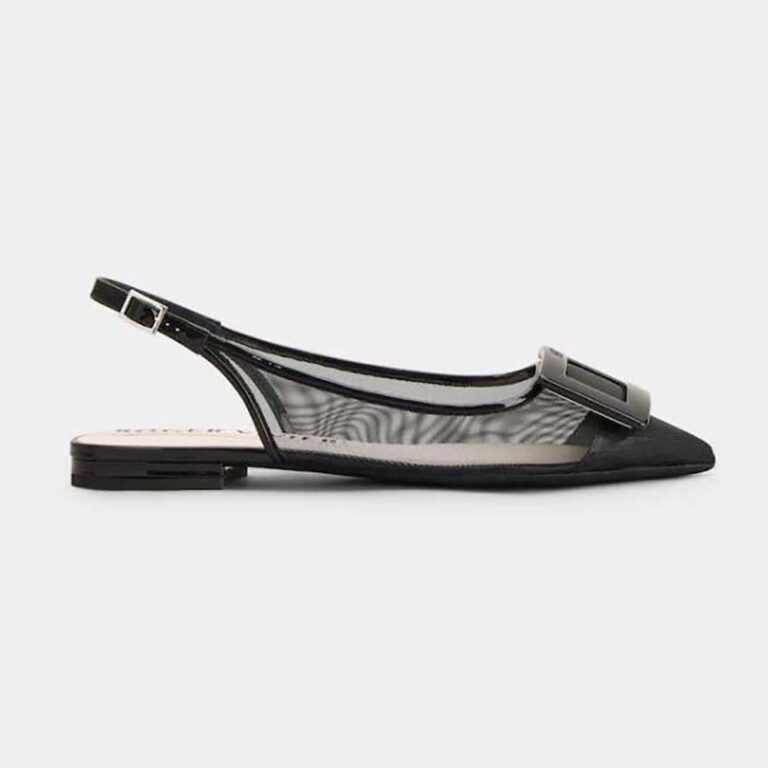 Roger Vivier Women Gommettine Net Lacquered Buckle Slingback Ballerinas in Fabric-Black