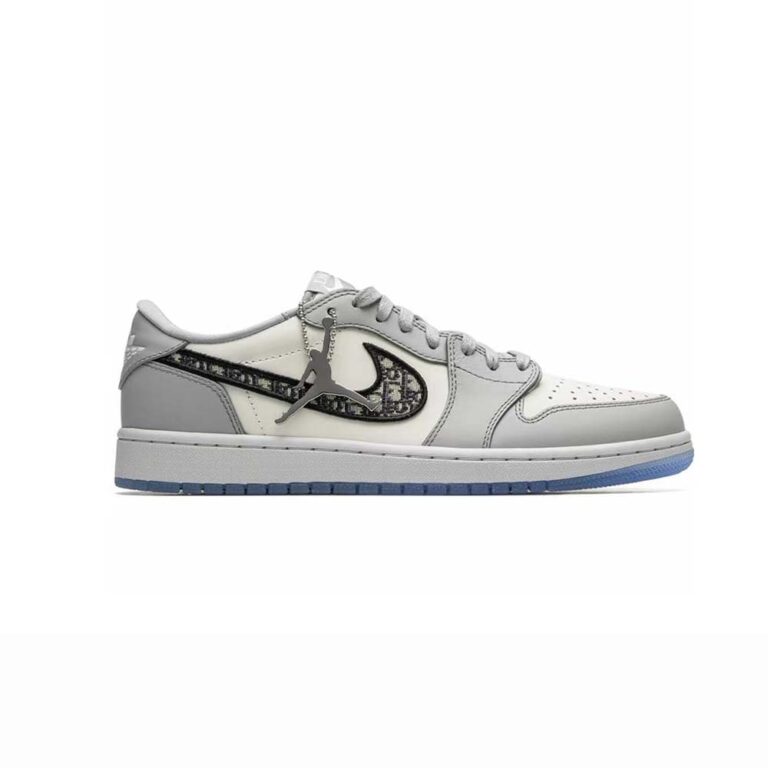 Dior Men Air Jordan 1 Low-Top Sneaker Gray and White Smooth Calfskin