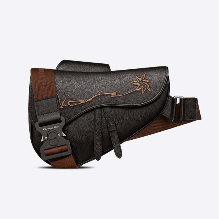 Dior Men Cactus Jack Dior Saddle Bag Black Grained Calfskin with Embroidered Signature