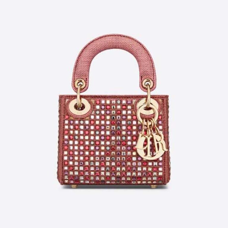 Dior Women Micro Lady Dior Bag Dark Pink Metallic Canvas Embroidered with Multicolor Crystals
