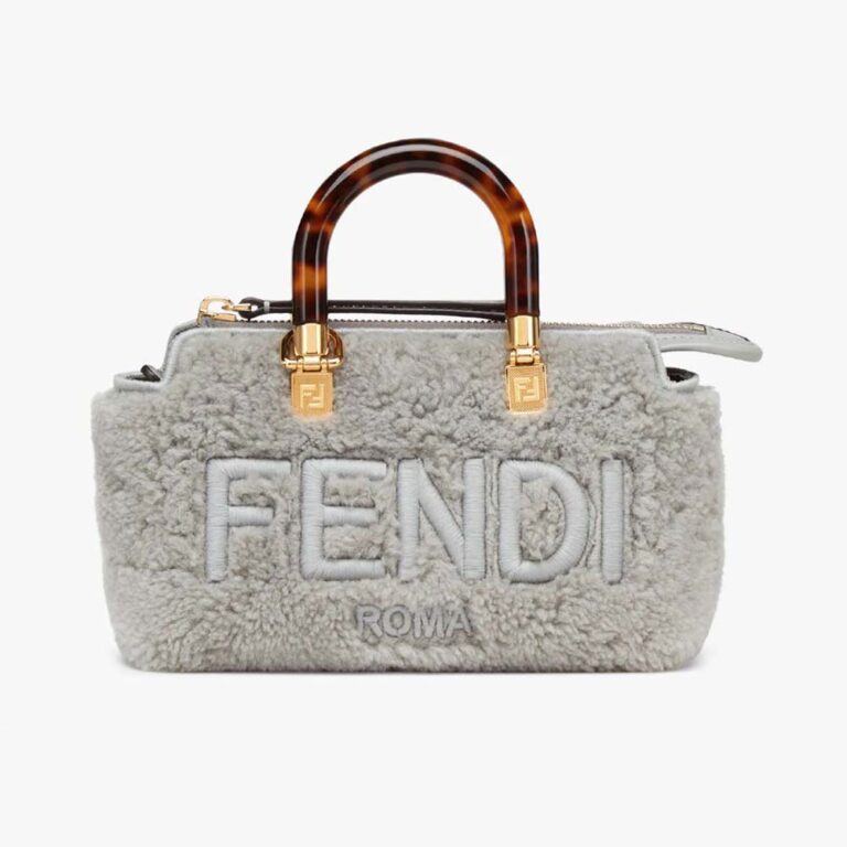 Fendi Women By The Way Mini Light Gray Sheepskin Small Boston Bag