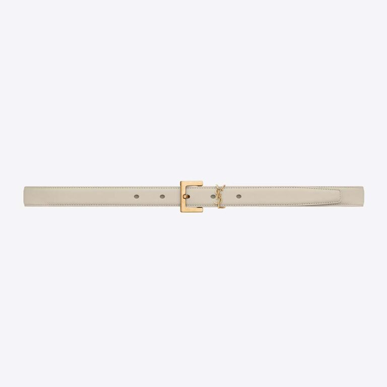 Saint Laurent YSL Women Cassandre Thin Belt with Square Buckle in Lacquered Leather-White