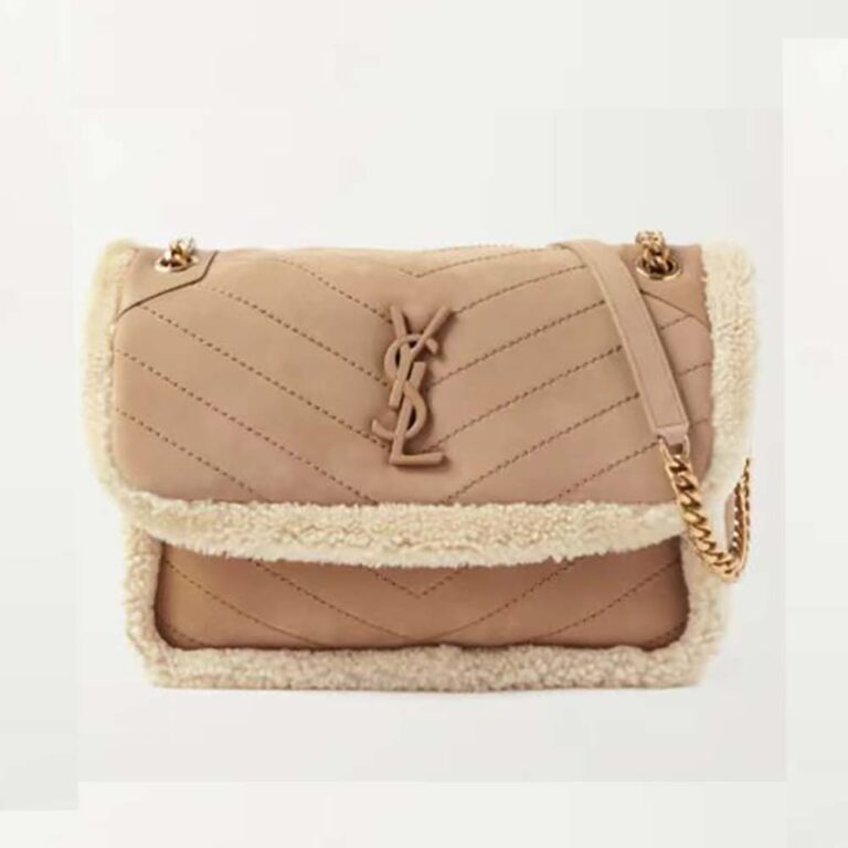 Saint Laurent YSL Women Niki Medium Chain Bag in Crinkled Leather and Shearling-Brown