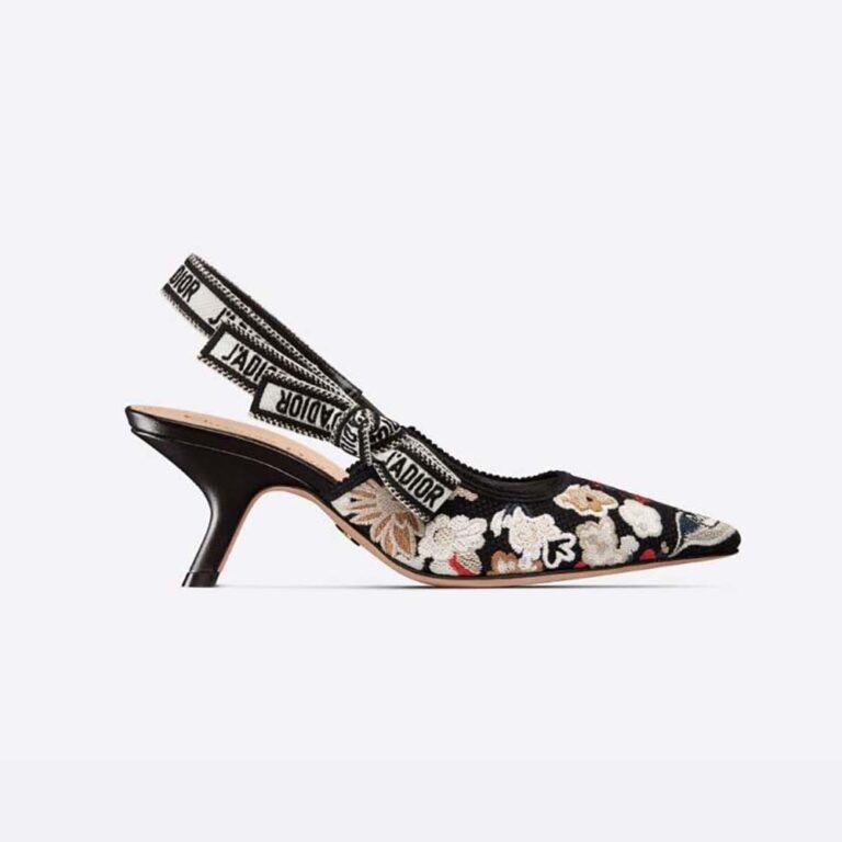 Dior Women J'adior Slingback Pump Black Multicolor Embroidered Cotton with Toile de Jouy Pop Motif
