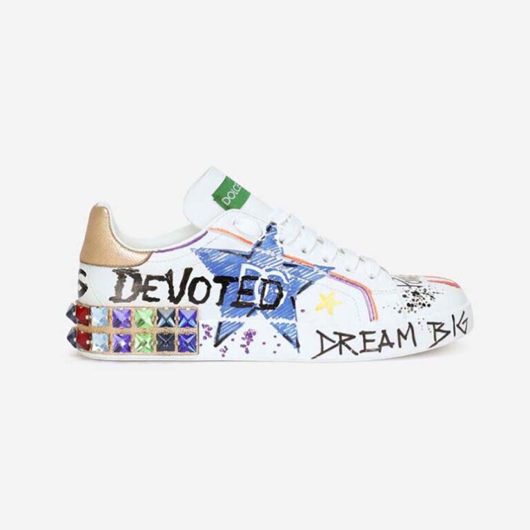 Dolce Gabbana D&G Unisex Calfskin Portofino Sneakers with Embroidery and Lettering-Purple