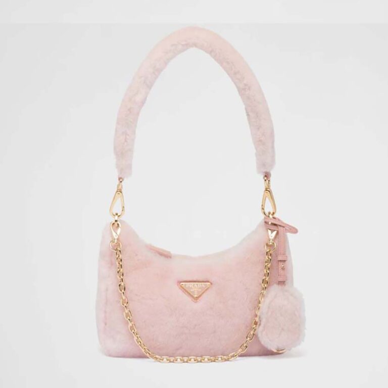 Prada Women Shearling Mini-Bag with the Enameled Metal Triangle Logo-Pink