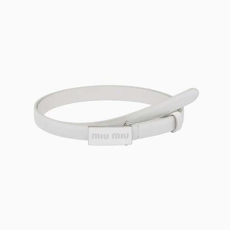 Miu Miu Women Brushed Leather Belt with Enameled Metal Buckle-White