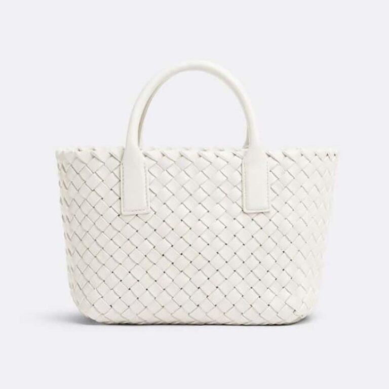 Bottega Veneta Women Mini Cabat Intreccio Leather Tote Bag with Detachable Strap-White