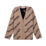 Balenciaga Women Mini Allover Logo Cardigan in Beige and Black Cotton Knit