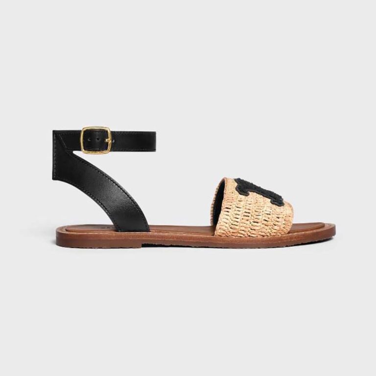 Celine Women Lympia Flat Strap Sandal in Raffia & Calfskin-Black