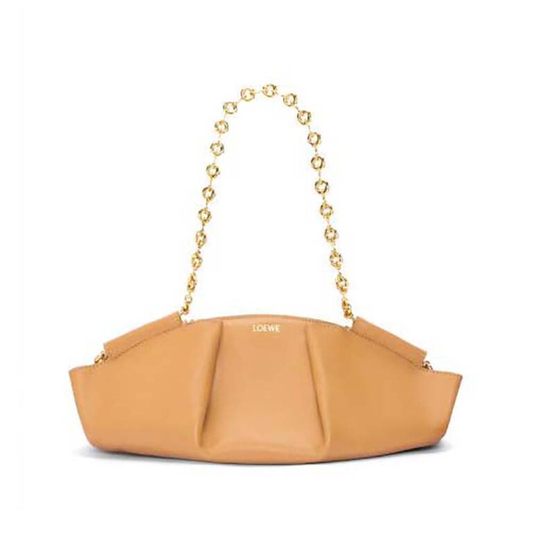 Loewe Women Small Paseo Bag in Shiny Nappa Calfskin with Chain-Beige