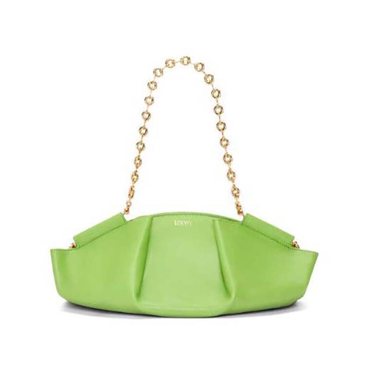 Loewe Women Small Paseo Bag in Shiny Nappa Calfskin with Chain-Green