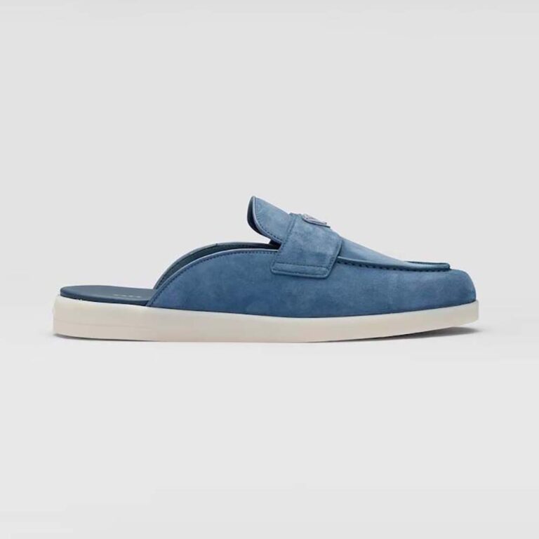 Prada Men Suede Sabots with the Enameled Metal Triangle Logo