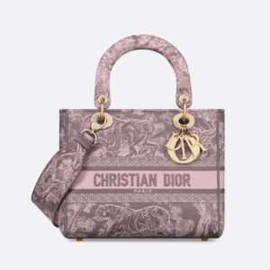 Dior Women Medium Lady D-lite Bag Gray and Pink Toile de Jouy Reverse Embroidery