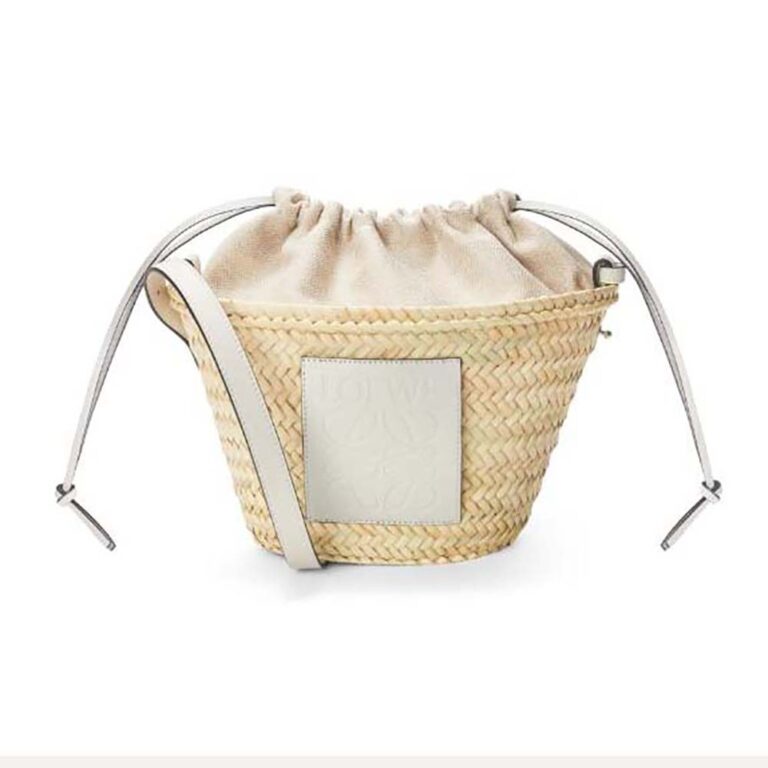 Loewe Women Drawstring Bucket Bag in Palm Leaf and Calfskin-White