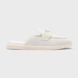 Prada Unisex Suede Leather Sabots with Enameled Metal Triangle Logo-White