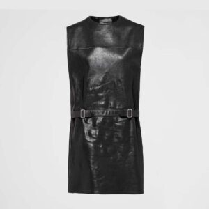 Prada Women Leather Dress with Knit Triangle Logo-Black
