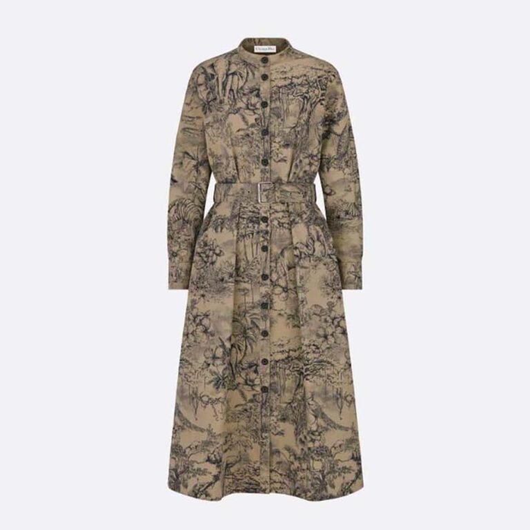 Dior Women Belted Shirt Dress Beige Cotton Gabardine with Toile de Jouy Voyage Motif