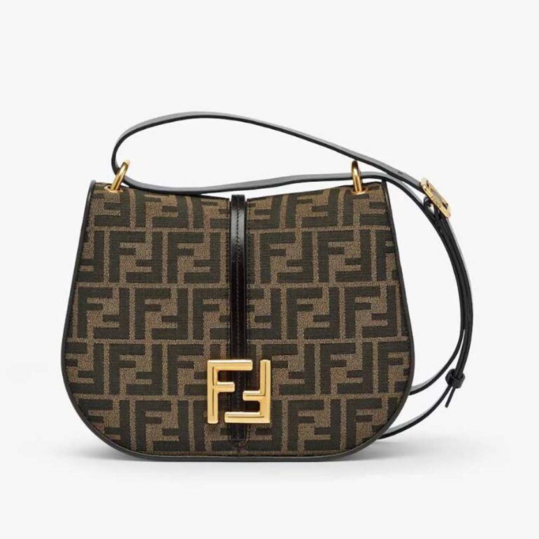Fendi Women C’mon Medium Brown FF Jacquard Fabric and Leather Bag