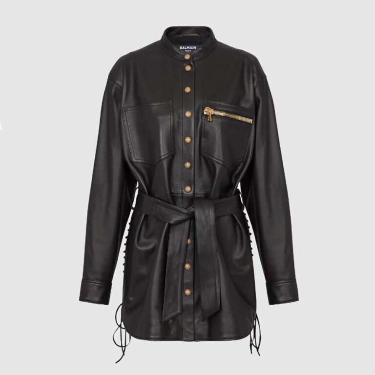 Balmain Women Leather Overshirt with Lace-up Details