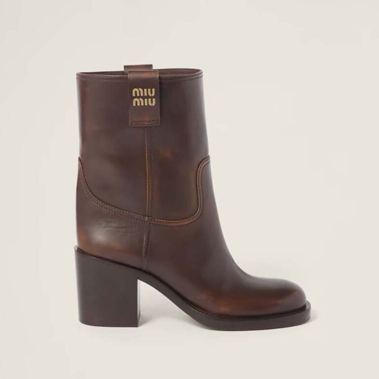 Miu Miu Women Leather Booties with Hot-stamped Logo-Maroon