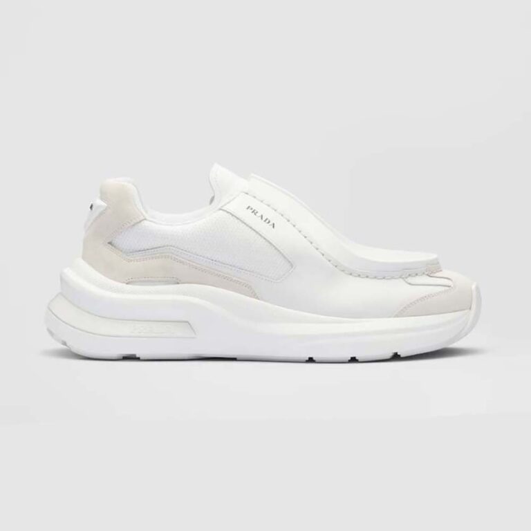 Prada Men Brushed Leather Sneakers with Bike Fabric and Suede Elements-White