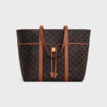 Celine Women Cabas Drawstring in Triomphe Canvas and Calfskin-Brown