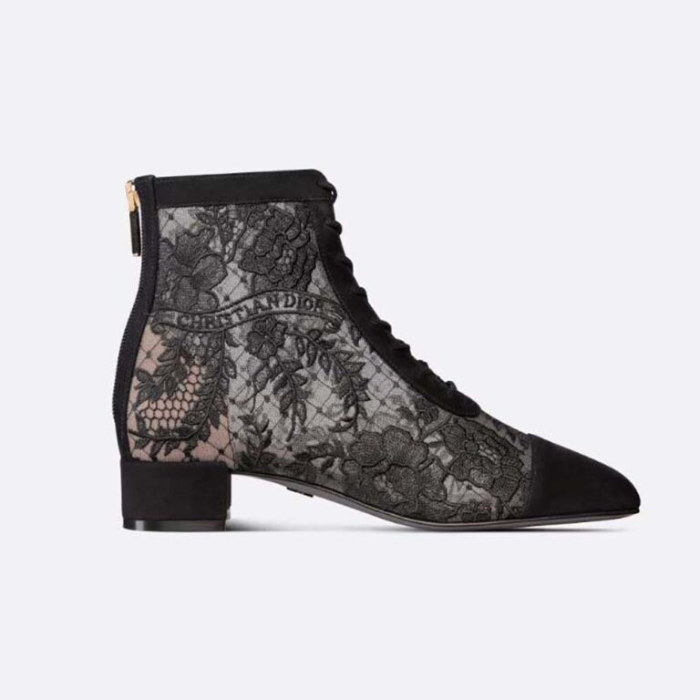 Dior Women Naughtily-d Ankle Boot Black Transparent Mesh and Suede Embroidered