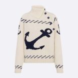 Dior Women Turtleneck Sweater Ecru and Navy Blue Wool and Cashmere Knit with Signature