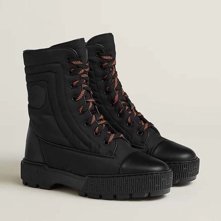 Hermes Women Fresh Ankle Boot in Quilted Parachute Fabric and Calfskin with Rubber Sole