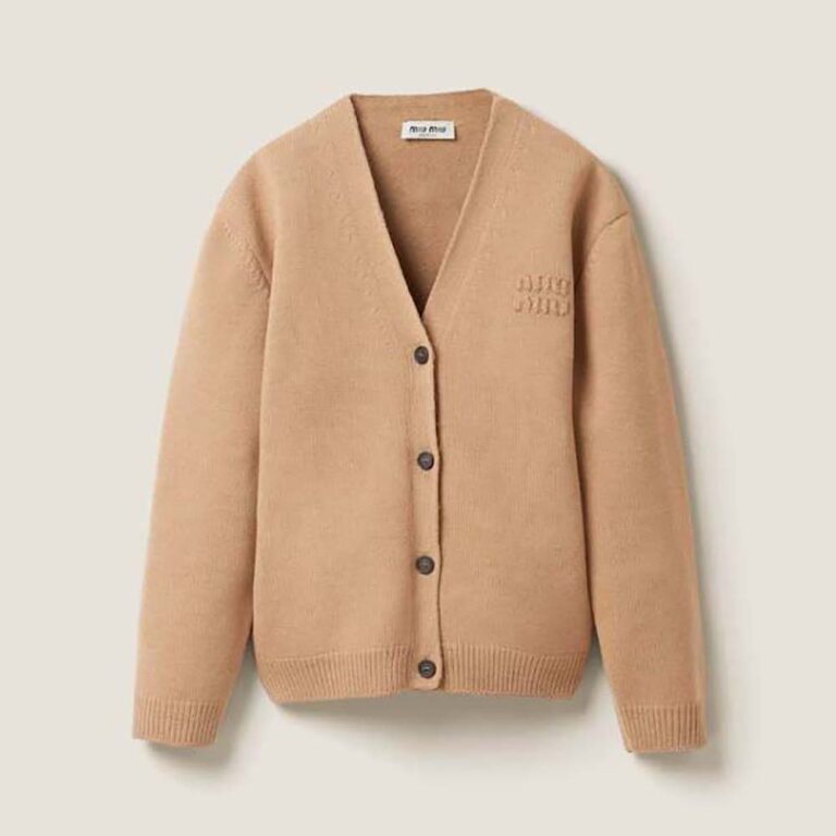 Miu Miu Women Wool and Nylon Knit Cardigan-Beige