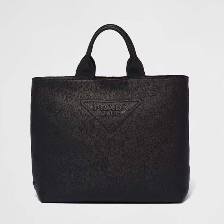 Prada Men Leather Tote with Enameled Metal Triangle Logo-Black