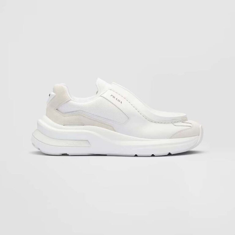 Prada Men Systeme Brushed Leather Sneakers with Bike Fabric and Suede Elements-White