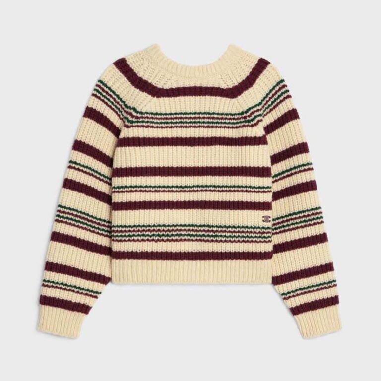 Celine Women Crew Neck Sweater in Striped Ribbed Wool