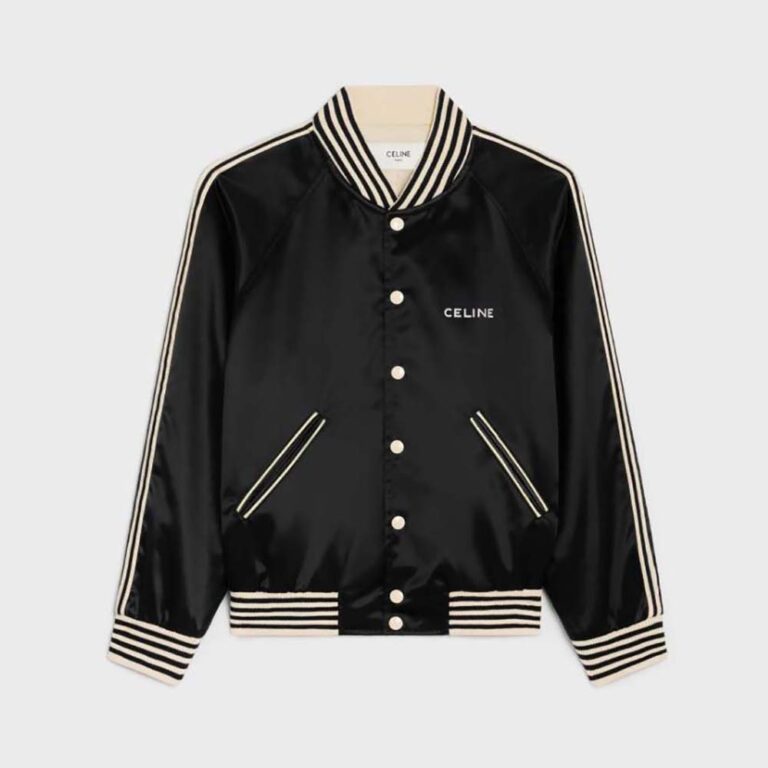 Celine Women Embroidered Teddy Jacket in Satin-finish Nylon-Black