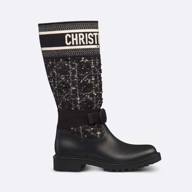 Dior Women D-Major Boot Black Calfskin with Black and White Cannage Tweed