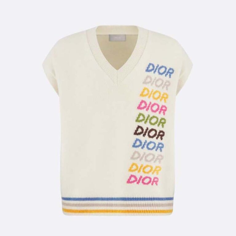 Dior Women Sleeveless Sweater Beige Wool and Cashmere Intarsia