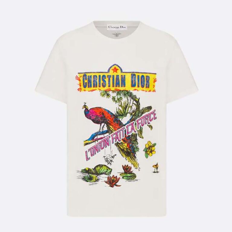 Dior Women T-shirt White Cotton and Linen Jersey with Multicolor Indian Animals Peacock Motif
