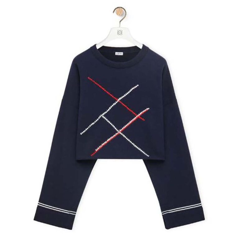 Loewe Women Cropped Argyle Sweater in Wool-Navy