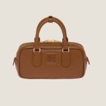 Miu Miu Women Arcadie Leather Bag with Metal Lettering Logo-Brown