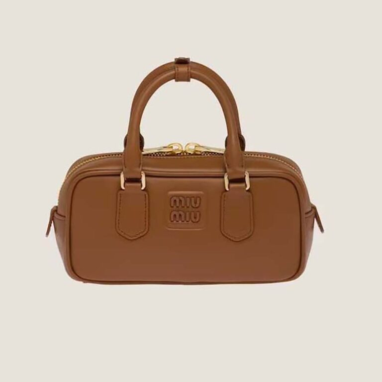 Miu Miu Women Arcadie Leather Bag with Metal Lettering Logo-Brown