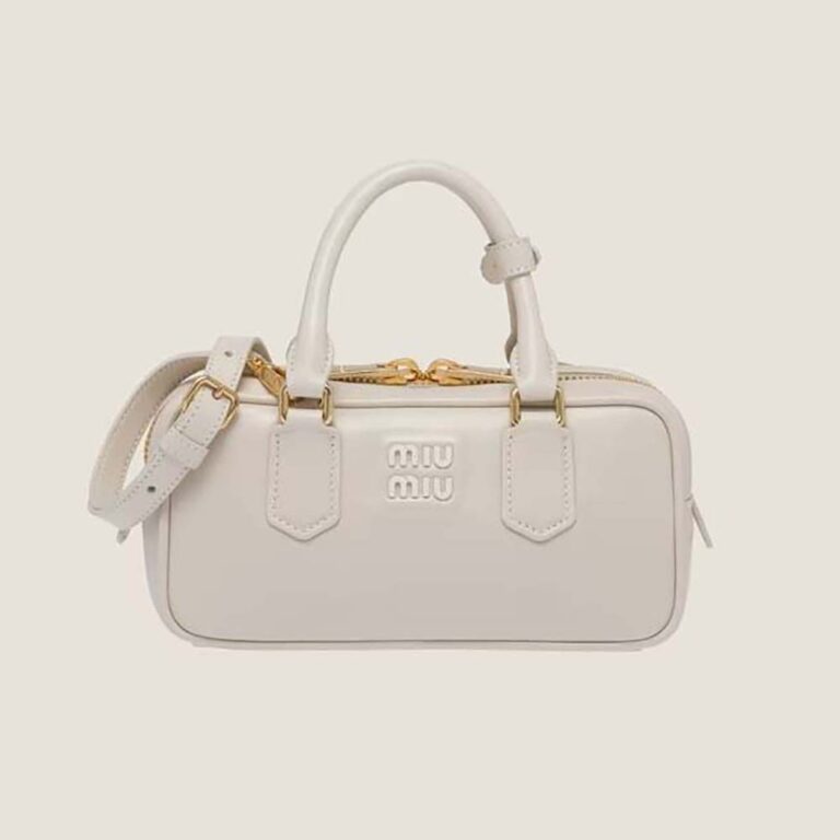 Miu Miu Women Arcadie Leather Bag with Metal Lettering Logo-White