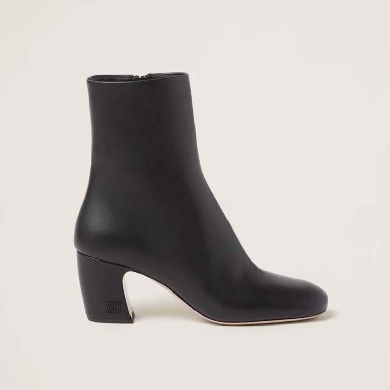 Miu Miu Women Leather Booties with Metal Lettering Logo-Black